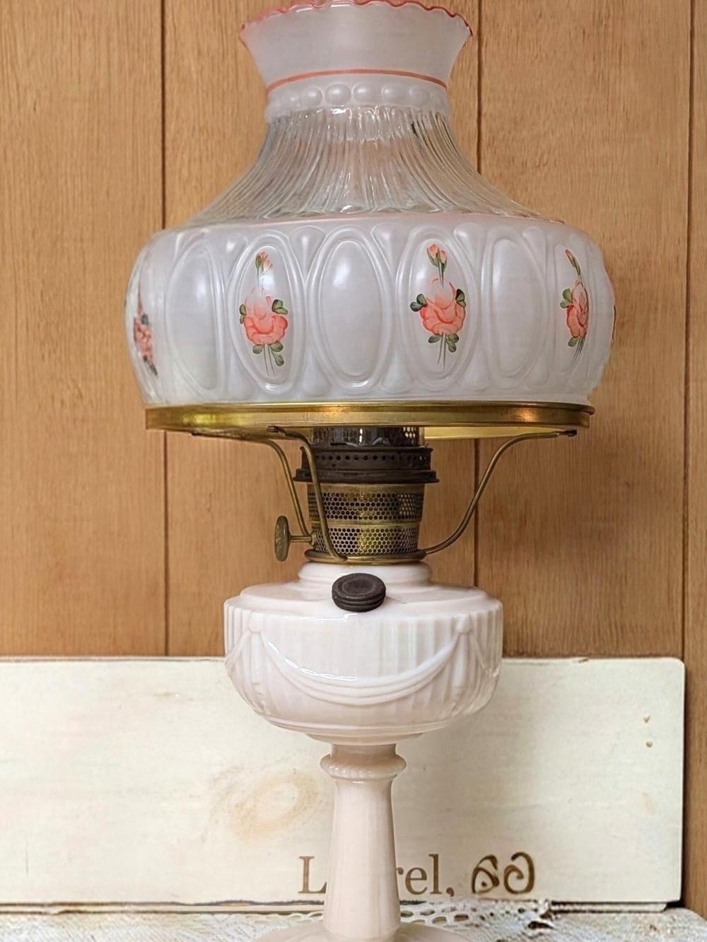Vintage Alladin White Glass Oil Lamp with Pink Floral Shade